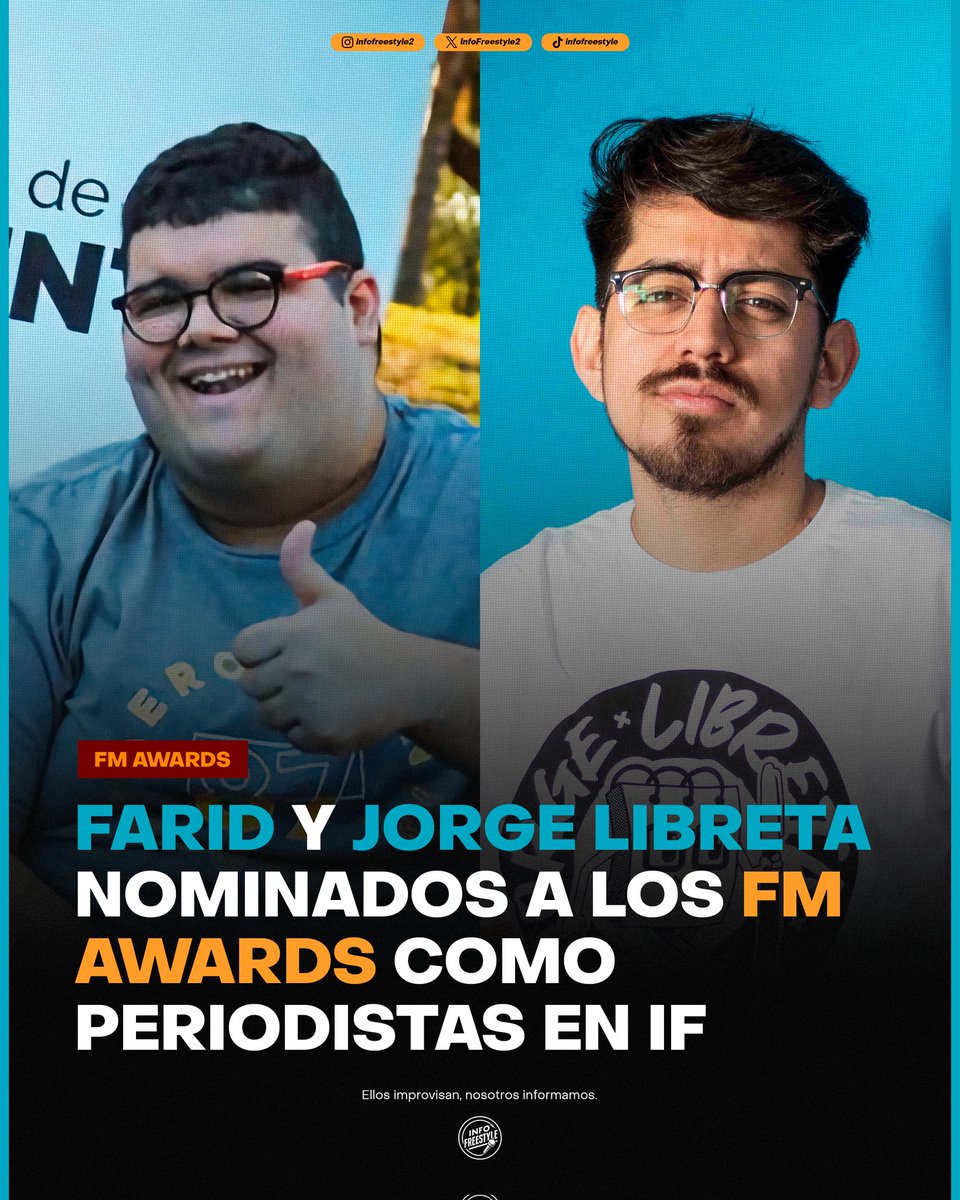 ¡Info Freestyle en FM Awards! 🗞 Urban Roosters informó que Info Freestyle tendrá dos representantes en los #FMAwards de la temporada de freestyle en la sección de 'Mejor labor periodística'. • @FacundoLotfe (Director) • @JorgeLibreta (Colaborador) Puedes votar por nosotros…