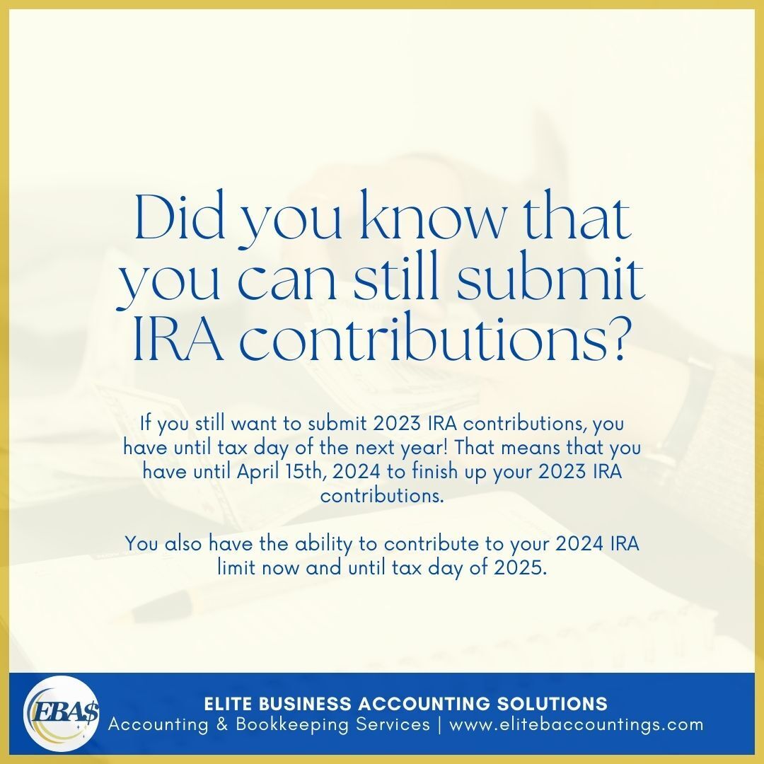 ChristieCowanFL's tweet image. You can still submit IRA contributions until the tax day of the following year. For 2023 contributions, you have until April 15th, 2024. You can also contribute to your 2024 IRA limit until the tax day of 2025. 
Book a consultation with us! 👉 bit.ly/3qROZXY 

#TrinityFL