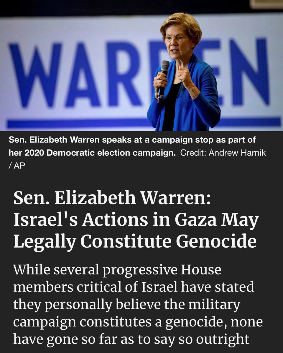 Sen. Elizabeth Warren: Israel's actions in Gaza may legally constitute genocide haaretz.com/israel-news/20…