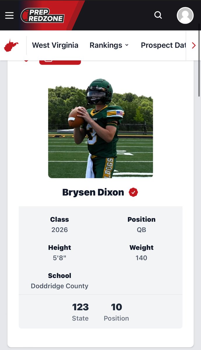 Thank you @PrepRedzoneWV for the updated rankings! Class of 2026 #123 in the State and #10 for QB Position!! More work to do! Intentional!! @VisionQb @Connor__Neal @Coach_BBurnside @WU_SWARM @SURamsFootball @FairmontStateFB @BethanyWVFB