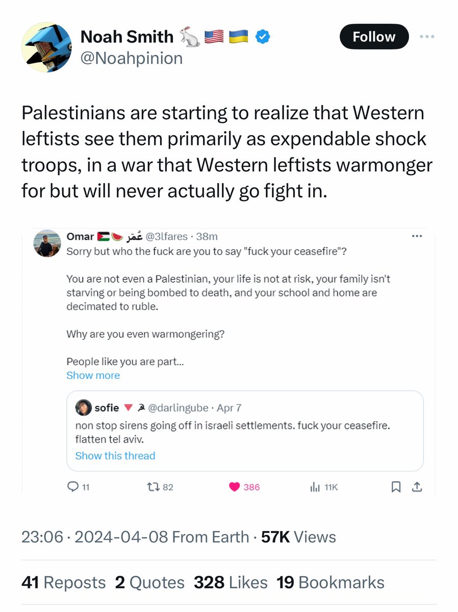 I really hate when people who I despise (and have blocked me) use my tweets for their own purposes and to make bad faith ”points” The vast majority of the ”Western leftists” (who support Palestine) aren’t warmongers. If anything, they have been consistently calling for a