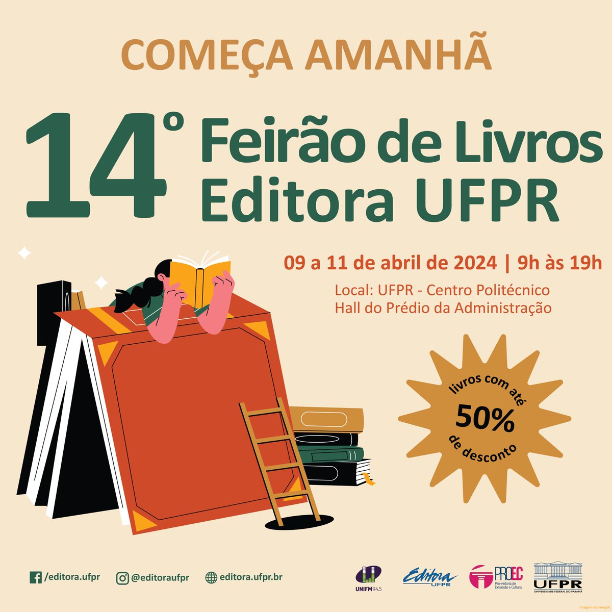 Estamos no 14º Feirão de Livros da Editora UFPR! 📚

De terça a quinta, quem estiver em Curitiba pode conferir uma seleção de livros Edições Sesc com 40% de desconto. Aproveite! 

📍UFPR / Centro Politécnico – Hall do prédio da Administração
