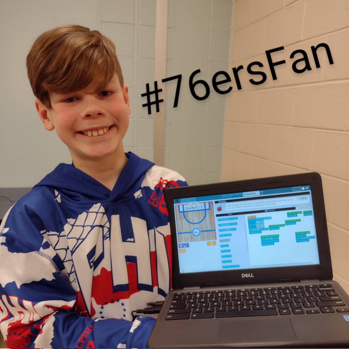 4th Grade students are coding their own basketball games. This one customized his game to match his shirt. #76ersFan #penndelcoproud @CoebournES