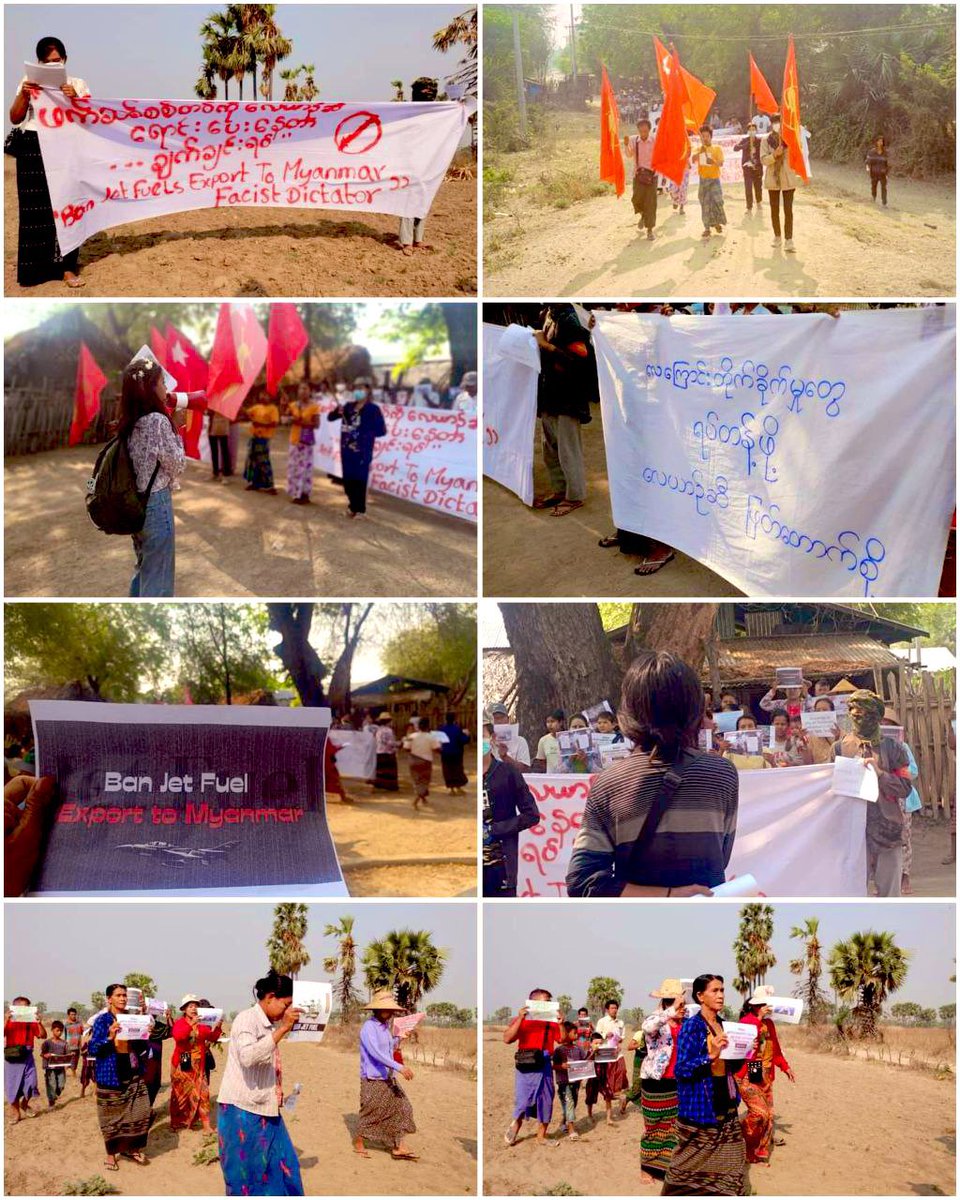 Yangon based University Student Unions and #DaungYarzar Main Strike jointly held & protested to stop selling and export jet fuels to the Fascist Military Dictator in #Monywa District on April 7.
#WhatsHappeninglnMyanmar 
#2024Apr7Coup 
#BanJetFuelsExportToMyanmarfascistDictator