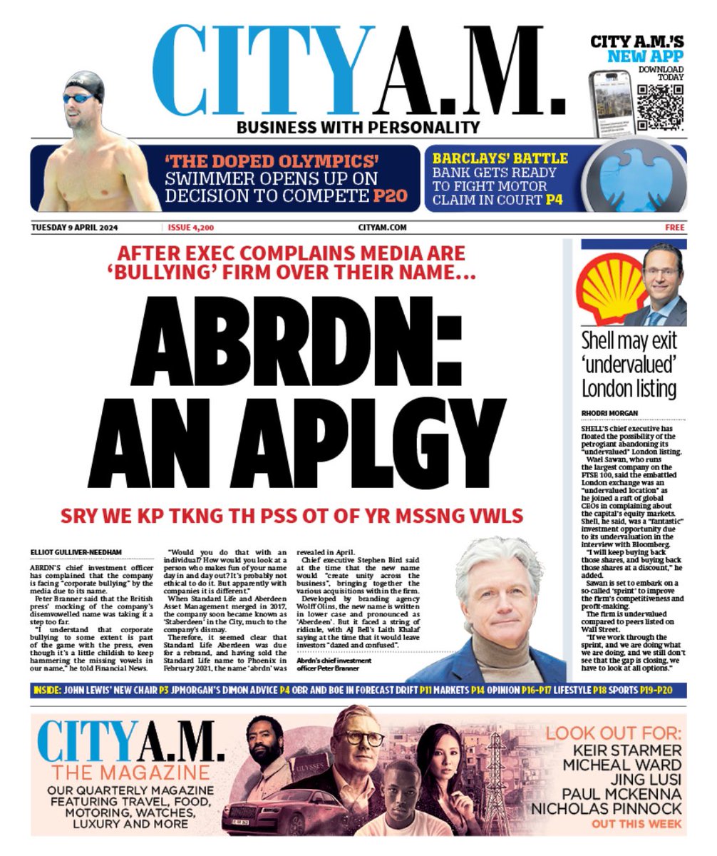 Great front page from <a href="/CityAM/">City A.M.</a> on the bleating from <a href="/abrdn_plc/">Spt_5.</a> – blaming the media for ‘corporate bullying’ for its ludicrous name.