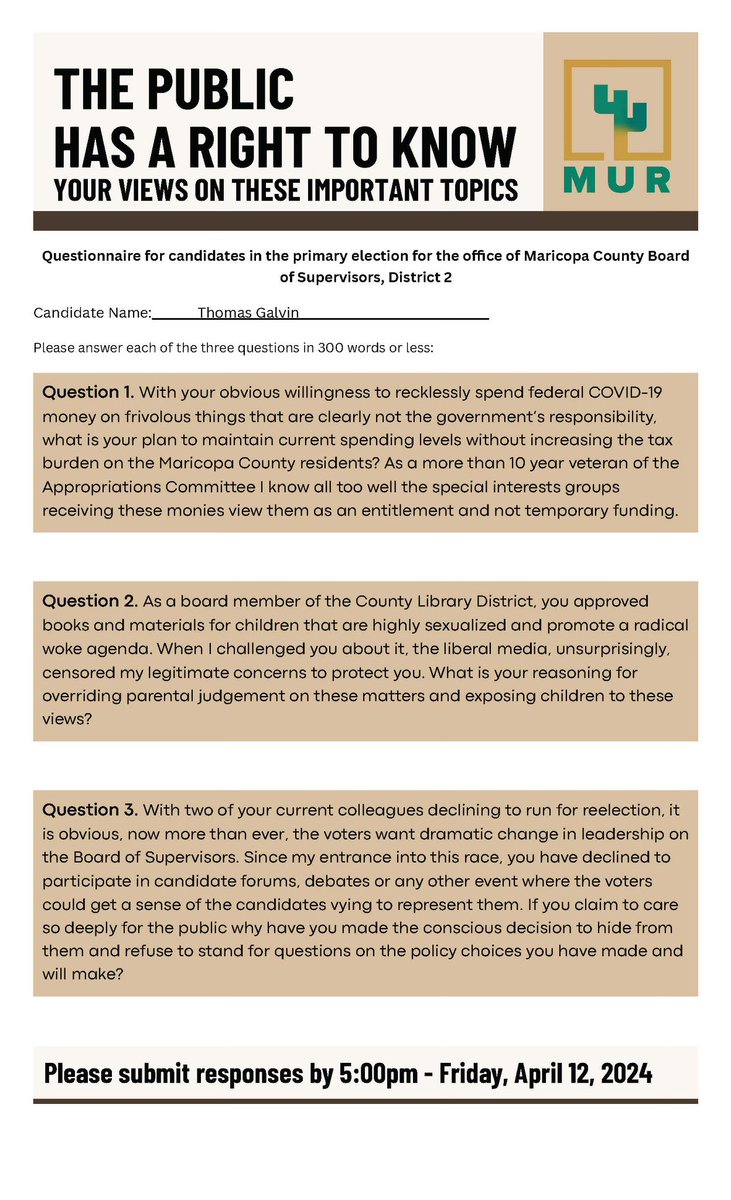 I hate to interrupt “Eclipse Day” @ThomasGalvin, but there are critical issues facing @MaricopaCounty and voters want to know where you stand. Since you love questionnaires, here ya go. @azcentral @AZGOP