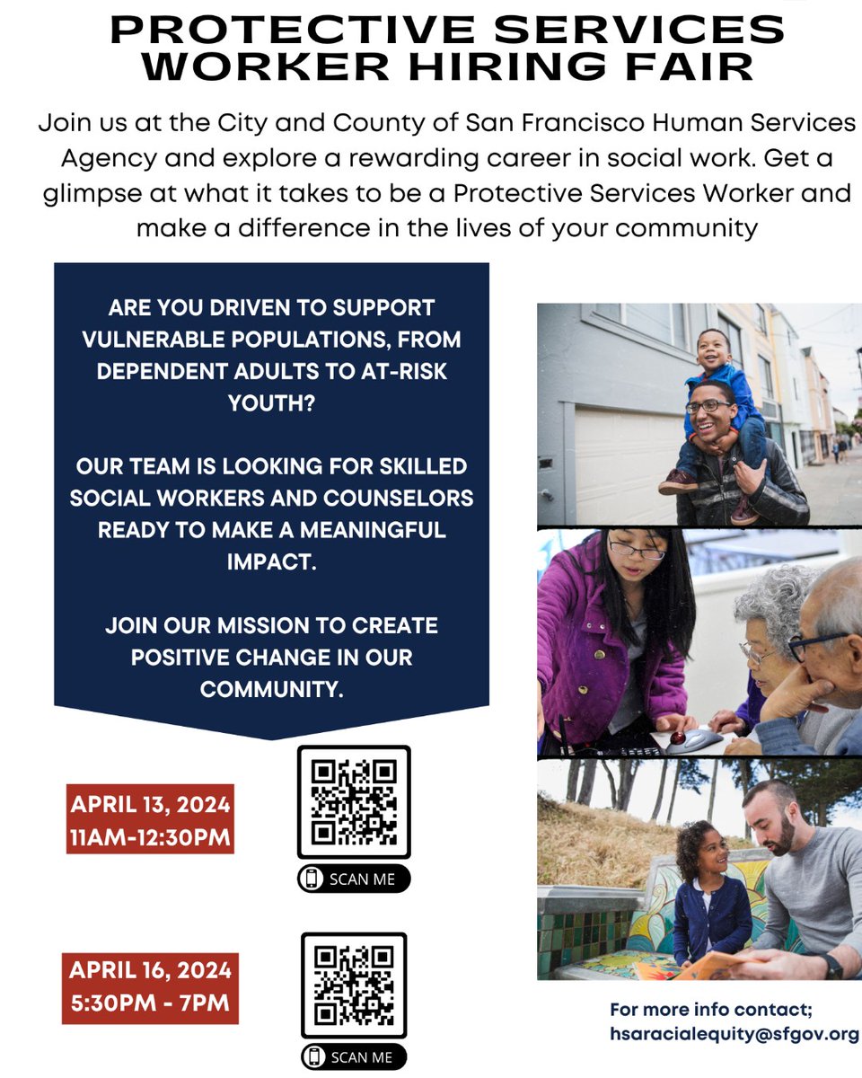 We're excited to announce our upcoming virtual fairs for our Protective Services Worker role. The virtual sessions will take place over Zoom on April 13 from 11am to 12:30pm & April 16 from 5:30pm - 7:00pm. Scan the QR codes to register, we hope to see you there! #SFHSA #Work4SF