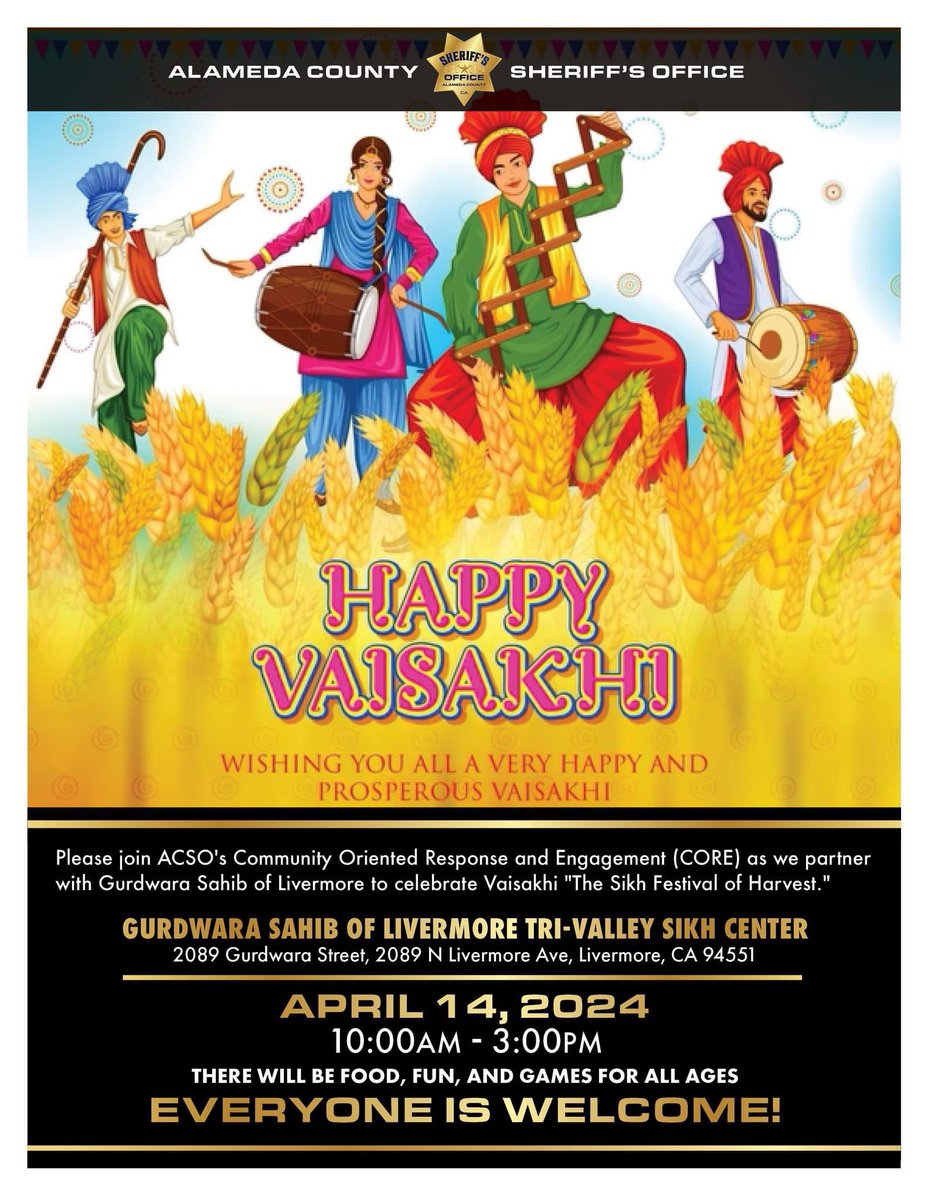 Please join our Community Oriented Response and Engagement (CORE) team as we partner with Gurdwara Sahib of Livermore to celebrate Vaisakhi 'The Sikh Festival of Harvest.'