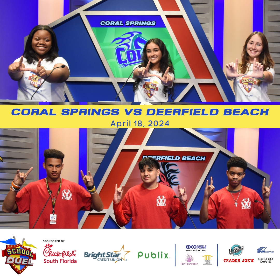 A new School Duel Thursday!

Watch #CoralSprings High vs #DeerfieldBeach High,
this Thursday, April 18th at 8pm on @BECONTV 
(ch 488 & 19 Comcast, ch63 AT&T/Dish/Directv)

@principalCSHS @ColtConnection @browardschools @DBHSpathfinder @EmbraceGoals @DBHS_CBA