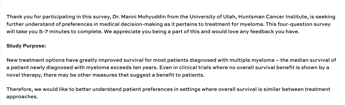 If you have myeloma or its precursors and are on @HealthTree, we'd love for you to complete a survey to help us understand pt preferences in settings where overall survival may be similar between treatment approaches tinyurl.com/44nrxjd4 @Eddie_Cliff @rajshekharucms #mmsm