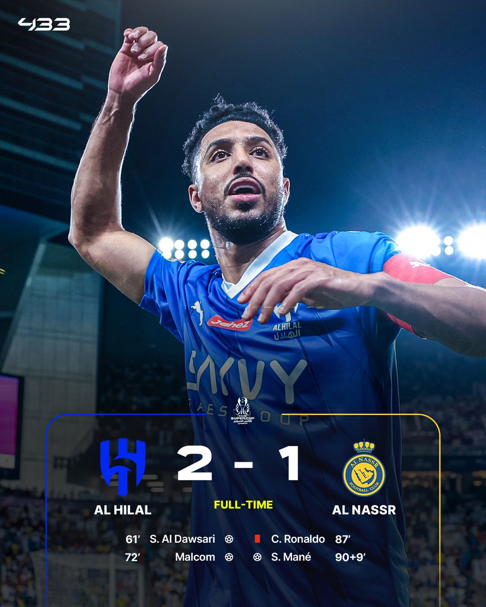 433's tweet photo. Al Hilal eliminate Al Nassr in the Saudi Super Cup 🇸🇦🏆🔵 https://t.co/PLiZbpBcta