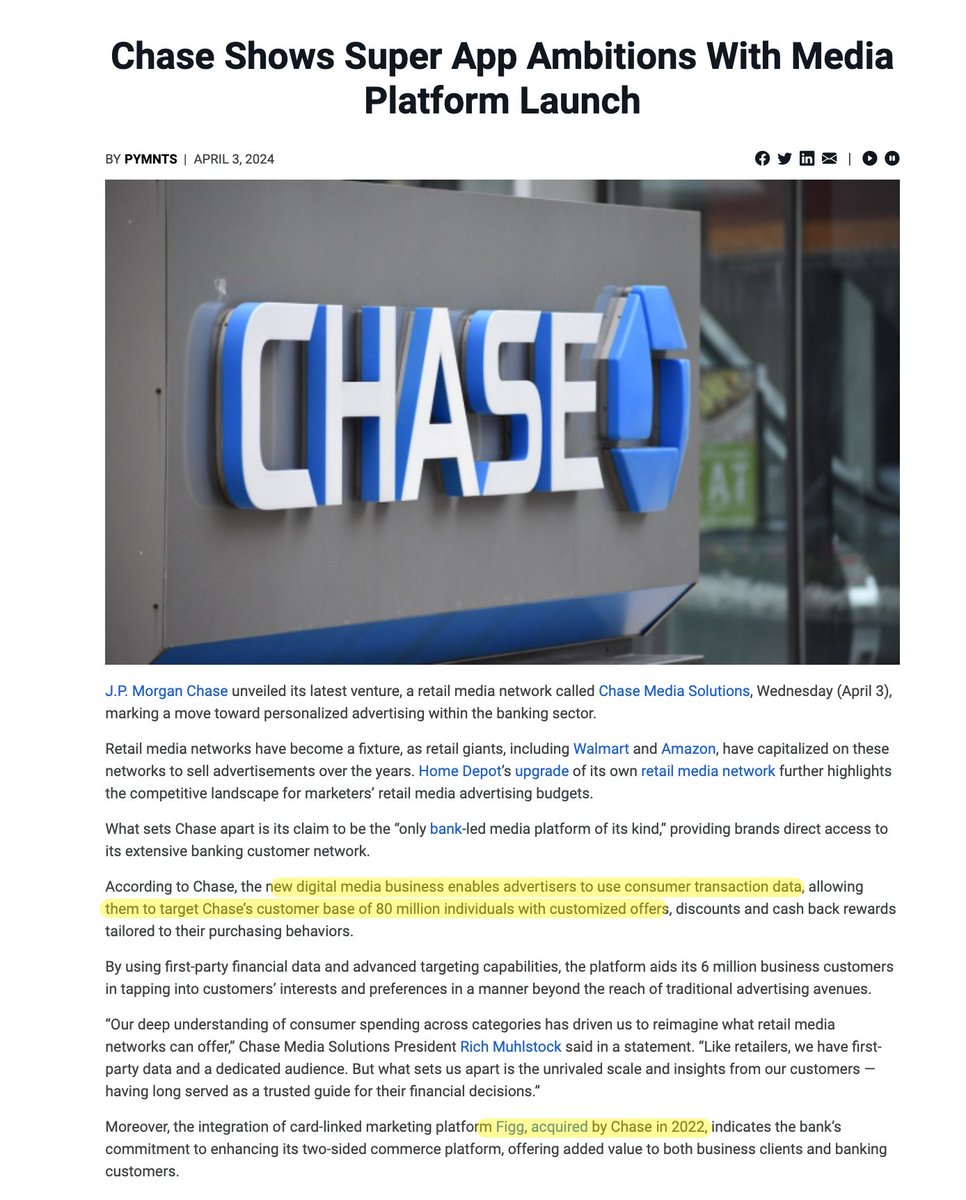 breaking -- chase will now spam their customers w/ ads based on their private data. who wants to open a bank account 😜? more seriously, being an ad network has worked pretty well for Amazon ($47B of high GM revenue in 2023!) and Facebook etc etc. why not banks? Chase's…