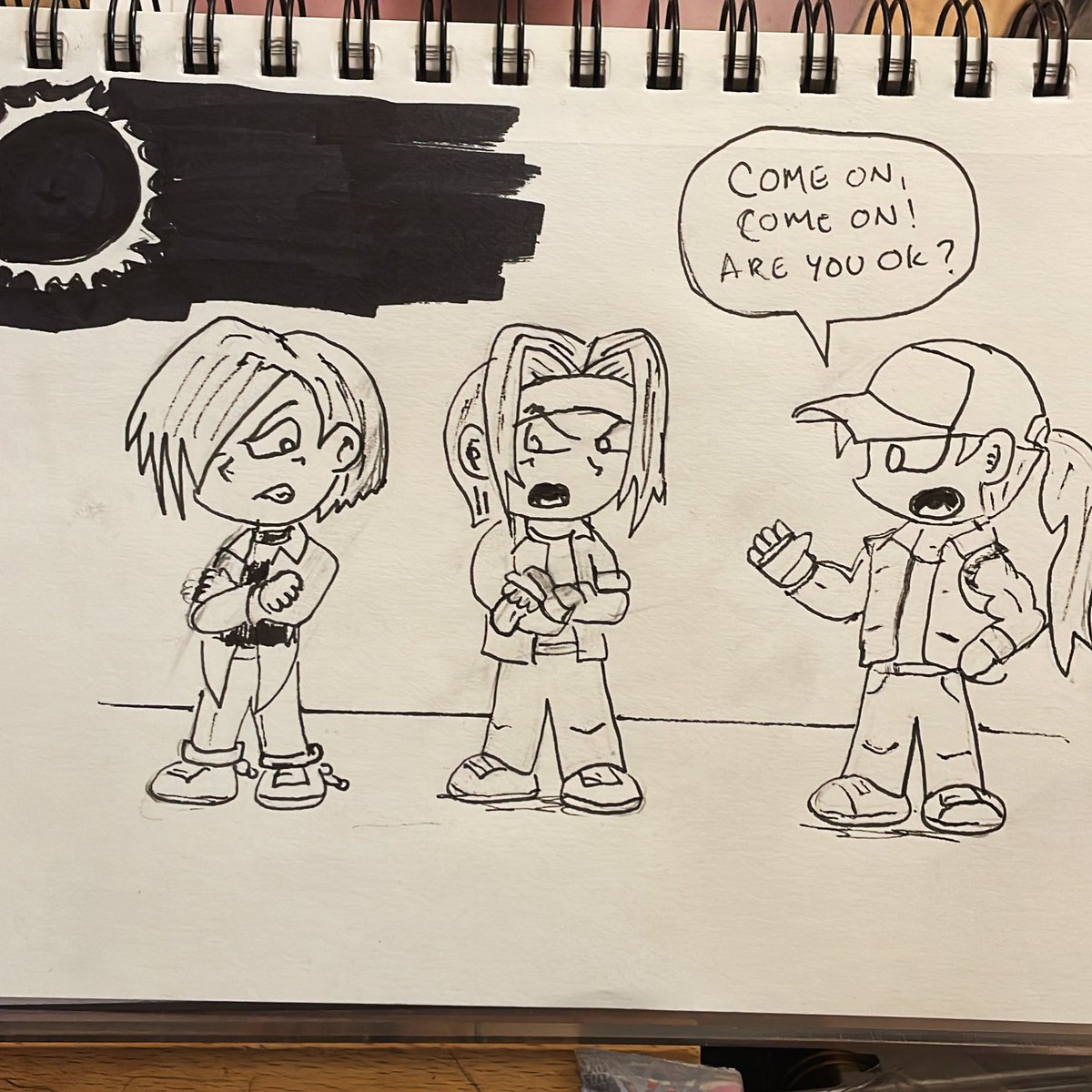 The eclipse looked like Kyo’s Symbol, Iori doesn’t like that! 😆
#drawingartwork #illustration #sketchbookart #inkingcomics #chibistyle #kingoffighters #ioriyagami #kyokusanagi #terrybogard #sillycomic #cartooning #videogameartwork #makingarteveryday #draweveryday #lovewhatyoudo