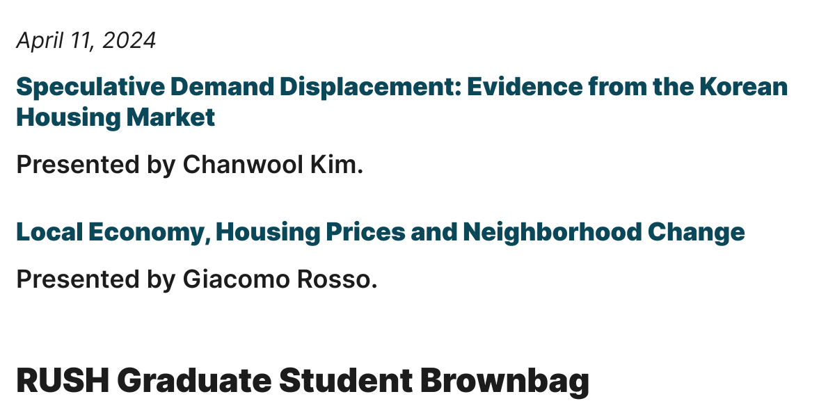RUSH Brownbag (@rushbrownbag) on Twitter photo Thursday April 11 at 11pm EST, <a href="/Giacomo_Rosso_/">Giacomo Rosso</a> and Chanwool Kim are both presenting their works on neighborhood change!
Sign-up info and the full calendar: rush-brownbag.netlify.app Thursday April 11 at 11pm EST, <a href="/Giacomo_Rosso_/">Giacomo Rosso</a> and Chanwool Kim are both presenting their works on neighborhood change!
Sign-up info and the full calendar: rush-brownbag.netlify.app