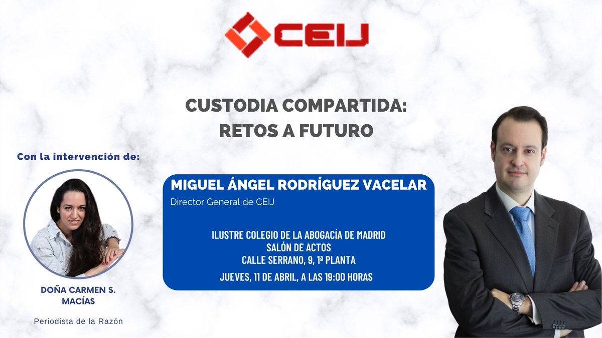 Ceijformacion's tweet photo. Este JUEVES 11 DE ABRIL, A LAS 19 h., nuestro Director, @Vacelar, imparte una conferencia sobre custodia compartida en el ICAM (Calle Serrano 9, planta primera). ES LIBRE Y GRATUITA. 
#ceij #vacelar #Abogacía #derechodefamilia #derechocivil #custodiacompartida #familia #niños https://t.co/ZXbe4nZ8Ap