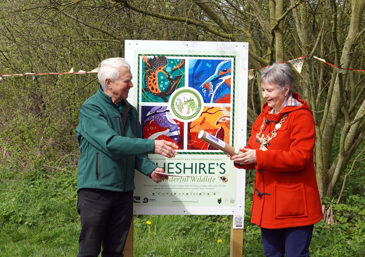 A huge thank you to Cllr Shelia Little @MayorChester for unveiling the new welcome poster by @nickythompsona1 for the #CheshiresWonderfulWildlife art trail in @CountessPark. Thank you again to @MidCheshireCRP for allowing them to be displayed on our site for the next two years.