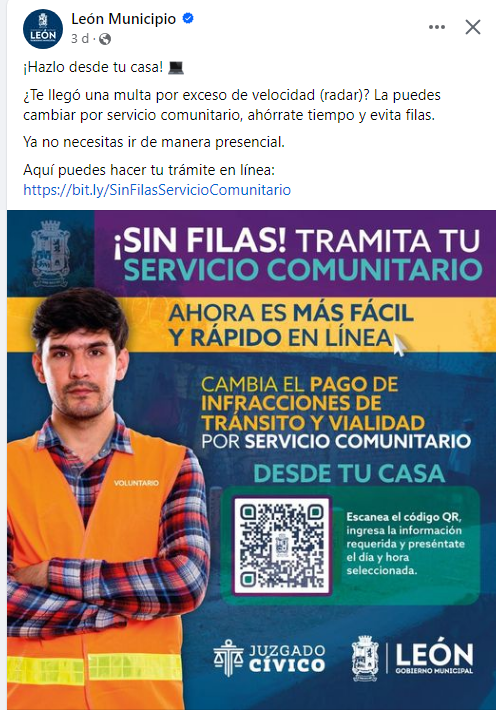 ¿INFRACCIÓN?

¿Te llegó una multa por exceso de velocidad (radar)? La puedes cambiar por servicio comunitario, ahórrate tiempo y evita filas.
Ya no necesitas ir de manera presencial. Aquí puedes hacer tu trámite en línea: bit.ly/SinFilasServic…