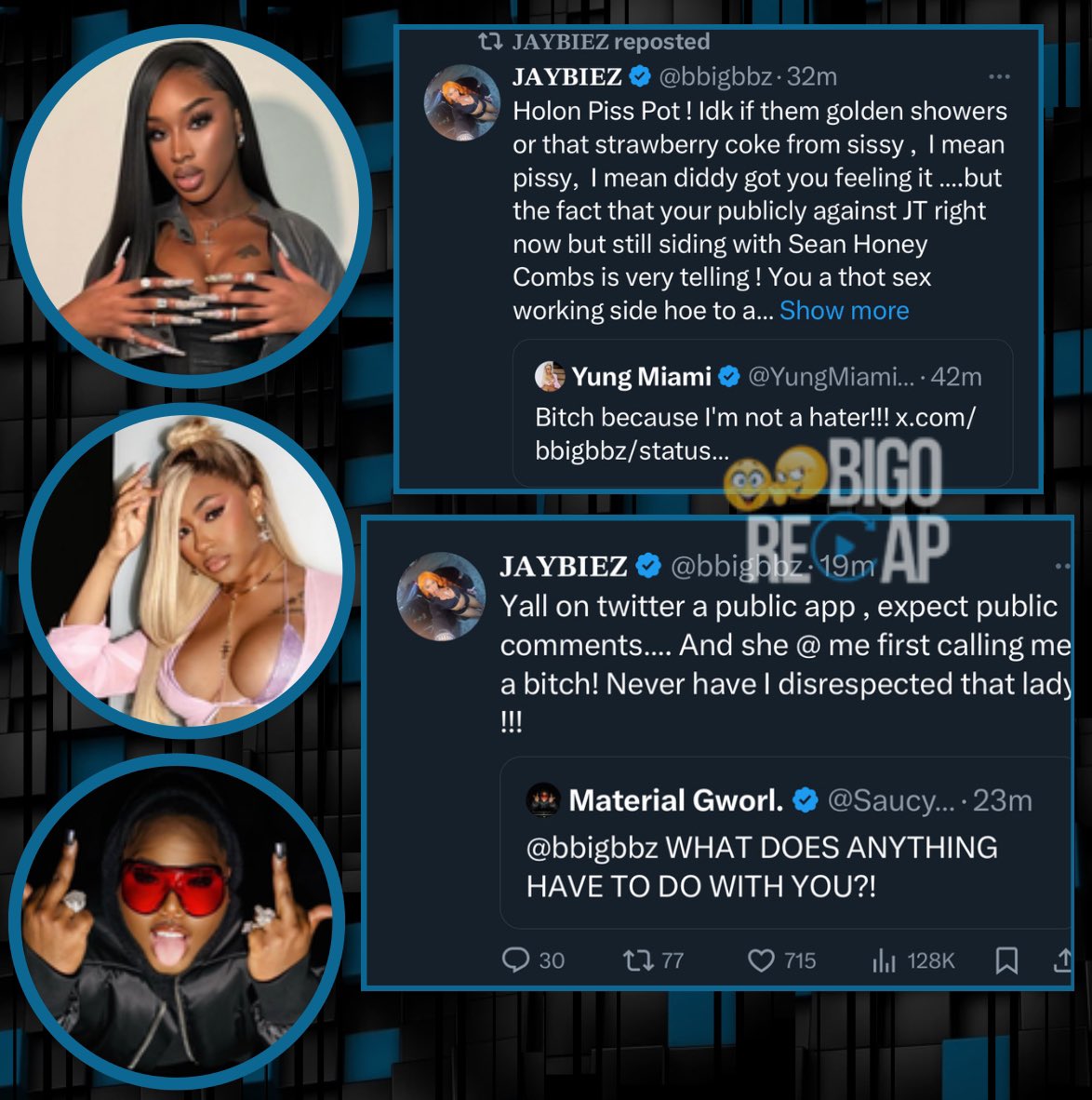 Bigo host #Jaybiez jumps to the defense of rapper #JT who’s 1 1/2 of the group #CityGirls while she & her group member #YungMiami go at it online via Twitter(X) #YungMiami responds to #Jaybiez , so does her bestie #SaucySantana . Take a look! 🫢👀 📱 #Bigorecap #Bigolive…