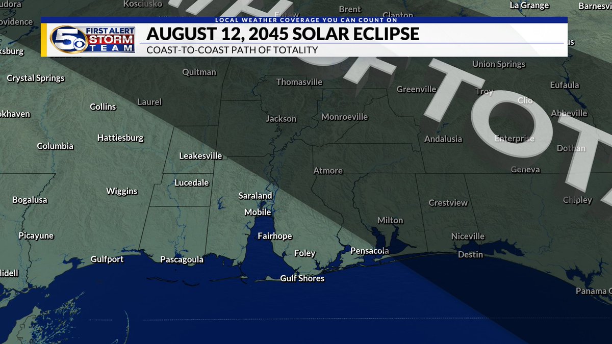 WKRGEd's tweet image. WAIT FOR THE 2045 ECLIPSE: The path of totality will cross right over our Lower Alabama and Northwest Florida Counties. Keep your solar glass and dust them off in 21 years. #SolarEclipse #TotalSolarEclipse2045
@WKRG
#alwx #mswx #flwx
