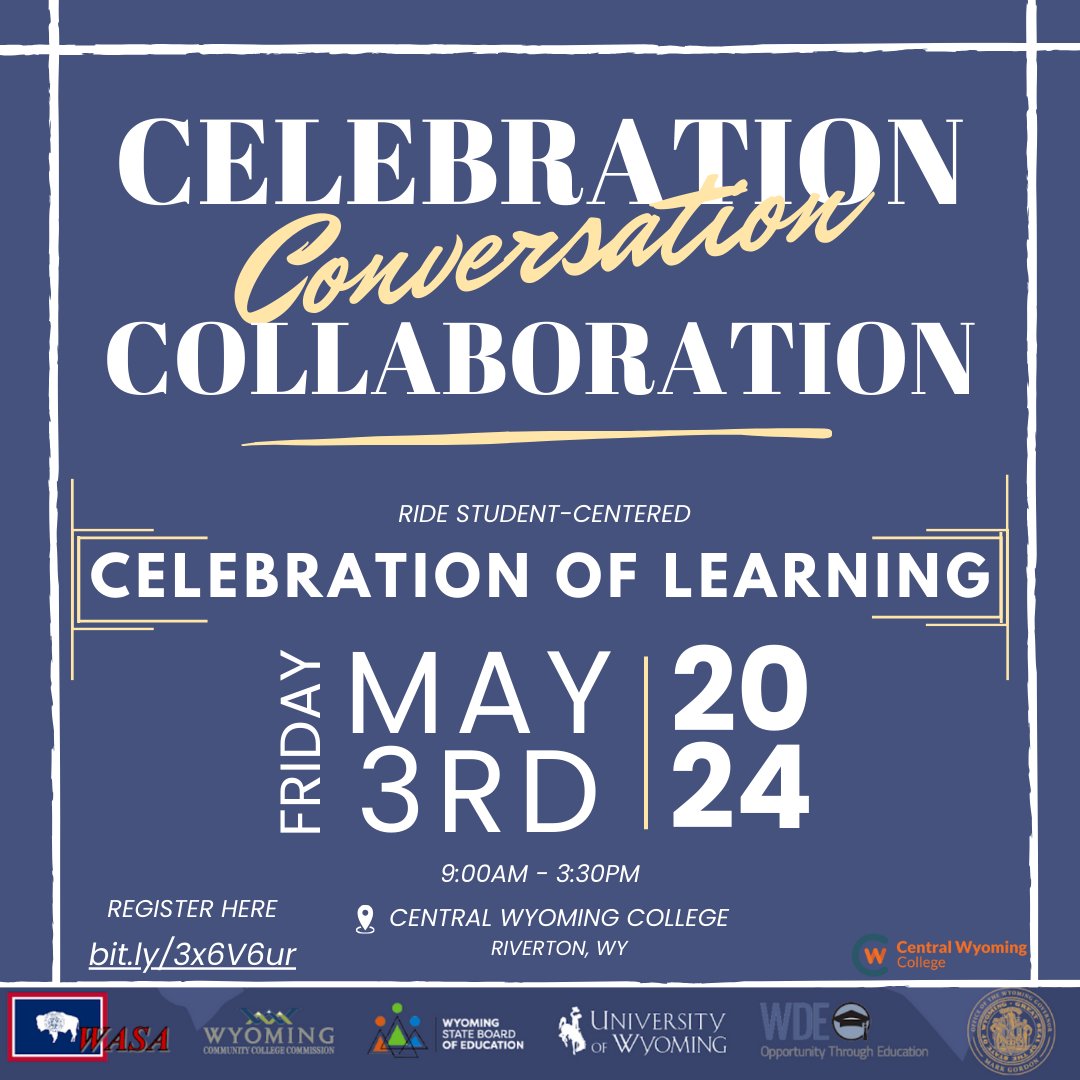 Wyoming's Future of Learning invites all #Wyoming school districts to participate in the RIDE Student Celebration of Learning on Friday, May 3rd at Central Wyoming College. Register: docs.google.com/forms/d/e/1FAI… #WySBE #WyoEdChat #WyoEducation