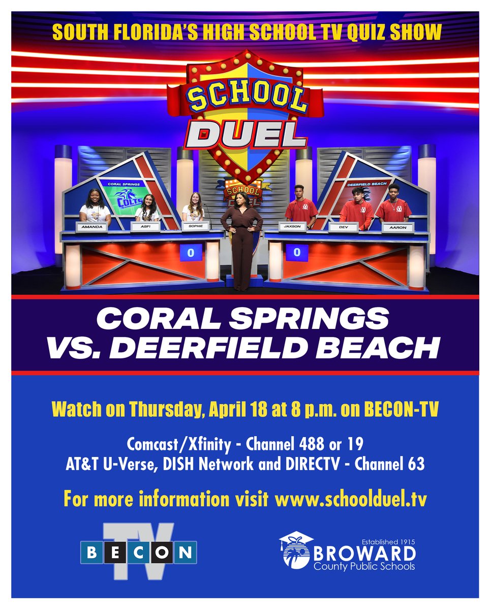 A new School Duel TONIGHT! Watch Coral Springs High vs Deerfield Beach High, tonight, April 18th at 8pm on @BECONTV (ch 488 & 19 Comcast, ch63 AT&T/Dish/Directv) @principalCSHS @ColtConnection @browardschools @DBHSpathfinder @DBHS_CBA @Coralspringsfla @CoralSpringsFL