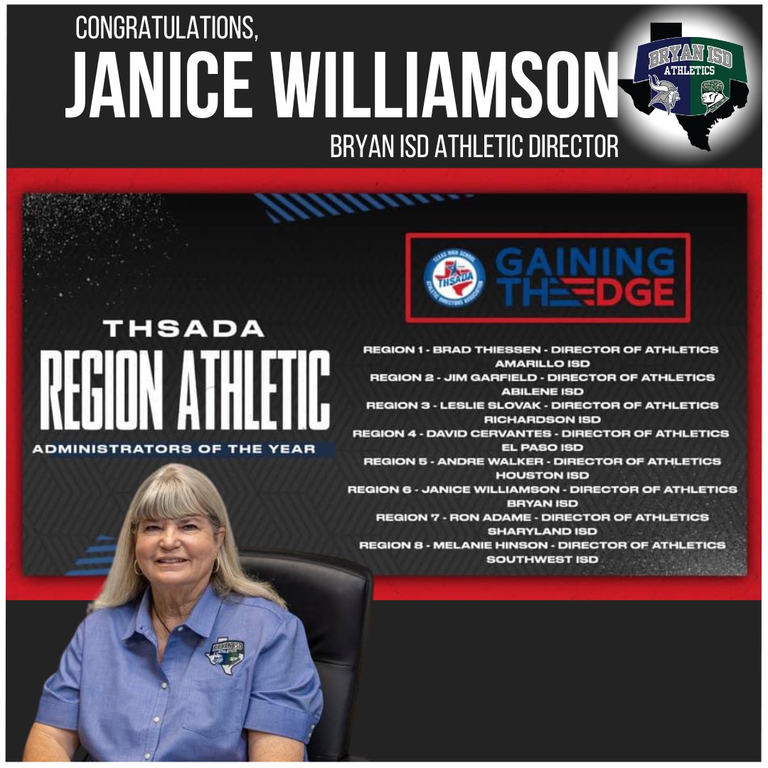 Congratulations to Bryan ISD Athletic Director, Janice Williamson! Coach Williamson was named this year's THSADA (Texas High School Athletic Director Association) Region Athletic Administrator of the Year for Region 6. @GCarrabineBryan @BryanISDSports