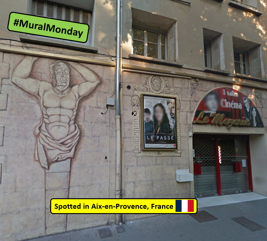 A mural perhaps seen through a rear window.

Today is #MuralMonday for my #streetview spottings and in #aixenprovence #France the local cinema: Le Mazarin has an amazing mural out front with many Hollywood folks Like Alfred Hitchcock pictured here.
#Murals #Streetart #Streetview