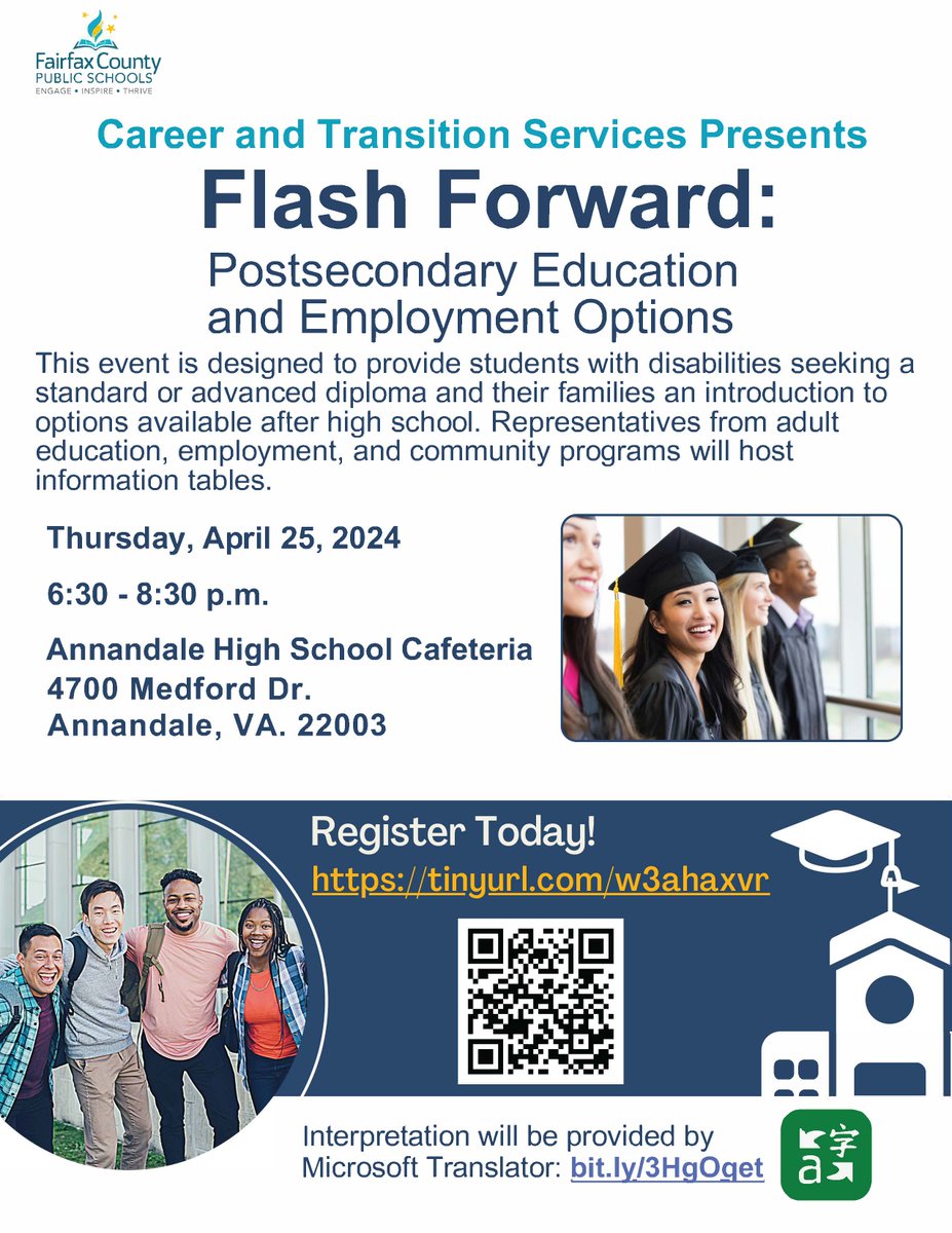 FCPS Career & Transition Services are hosting their Flash Foward Resource Fair. Come find our table to say hello and learn about our supportive resources. Scan the QR code or sign up here: docs.google.com/.../1FAIpQLSfb…