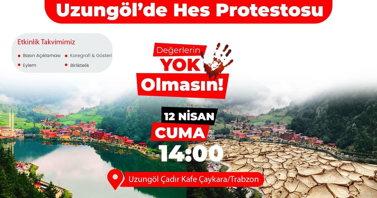 ihsanes's tweet photo. 📢📢📢 Uzungöl'de Hes Protestosu
🗓 12/04/2024 Cuma
⏰ 14:00
📍 Uzungöl Çadır Kafe
💺 Çaykara/Trabzon

Uzungöl'de yapılmaya çalışılan Hes'lere karşı tüm halkımızla birlikte dur diyeceğiz. Gücümüze güç katacak  dostları bekliyoruz.
#uzungölehesvallahipes https://t.co/xZ2py4s35O