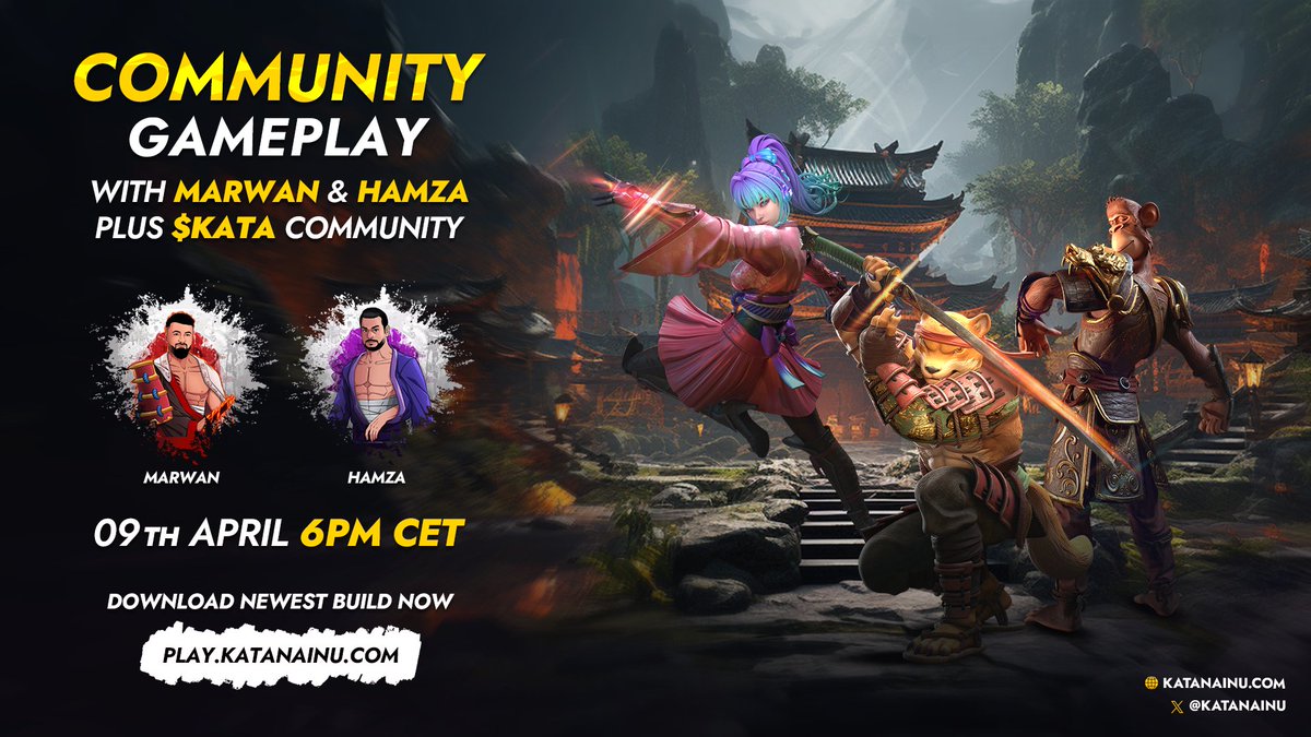 Hey $KATA fam! Here we go again!🥳 Don't miss put on this exciting #livestream gameplay with @katanainu community & our Founder🔥 Everyone can participate who has Tokens/Nfts🚀 Download: play.katanainu.com 📅Tuesday 9. April - 6 PM CET 🥷 Where? Youtube.com/c/katanainu