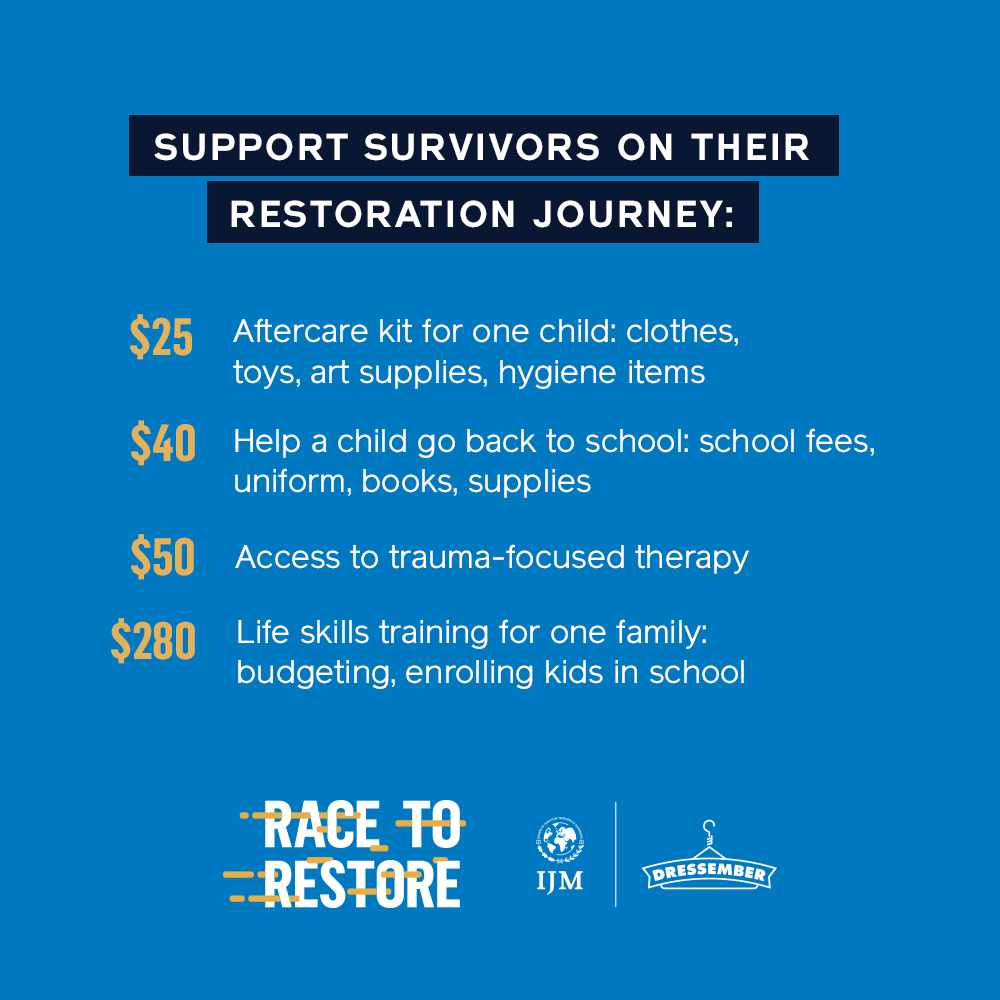 Want to lace up for Race to Restore and invite your community to support survivors' restoration? Register today and download our Fundraising Toolkit to ensure your race day is a success: ow.ly/UuZh50RaVY5 #RacetoRestore #UntilAllAreFree #IJM #Dressember