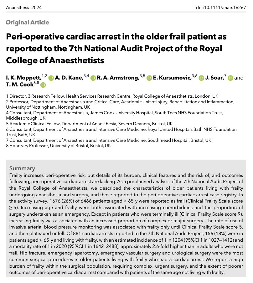 🔓Peri-operative cardiac arrest in the older frail patient as reported to the 7th National Audit Project of the @RCoANews @NAPs_RCoA @IainMoppett @adk300 @drrichstrong @emirakur @jas_soar @doctimcook 🔗…-publications.onlinelibrary.wiley.com/doi/10.1111/an…