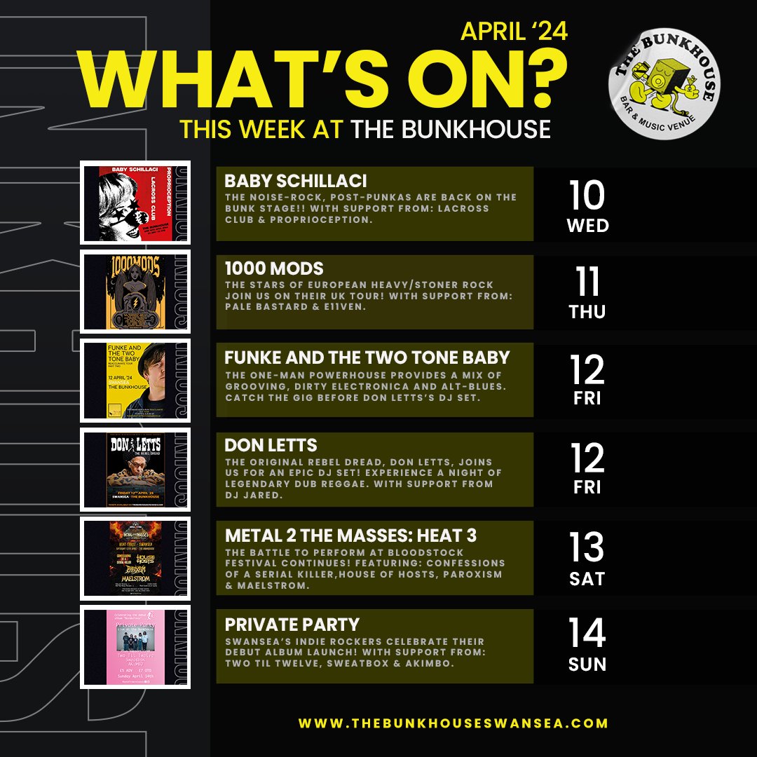 Check out this week's gigs and events we have on at The Bunkhouse Swansea 🏴󠁧󠁢󠁷󠁬󠁳󠁿 👇 🎟️ thebunkhouseswansea.com #TheBunkhouse #BunkhouseSwansea #Swansea #Abertawe #WhatsOnSwansea #Cymru