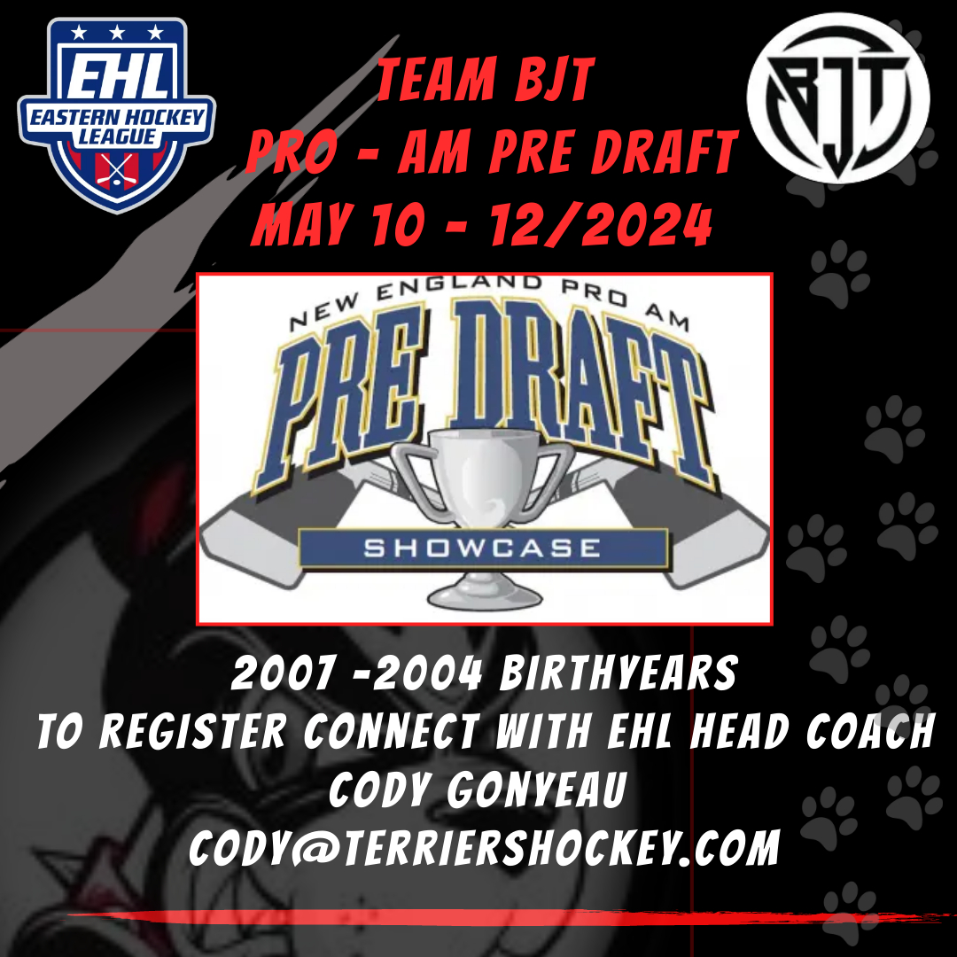 Get ready to lace up your skates and hit the ice with Team BJT under the guidance of EHL Coach Gonyeau. Here's your chance to join us this May for the Pro - Am Pre-Draft May 10 -12 🏒 To be considered email cody@terriershockey.com 👈