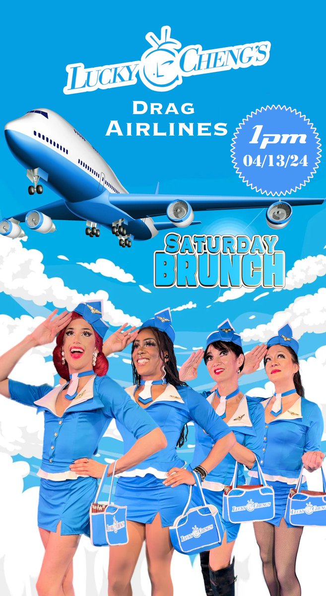Join us for our new Saturday #dragbrunch party, featuring our gorgeous flight attendants! Enjoy a #dragshow with your delicious brunch entree and bottomless mimosa. Perfect for celebrating #birthday #BachelorParty #BacheloretteParty #Friends #fun Tix: luckychengs.com/drag-brunch