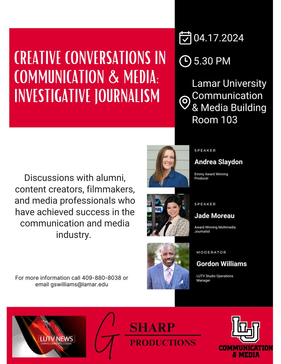 @LamarCommDept is hosting #Creative #Conversations in #Communication & #Media: #InvestigativeJournalism with #EmmyAward #winning #producer Andrea Slaydon & #awardwinning #mmj Jade Moreau. #LamarUniversity #collegemedia #collegebroadcasting #reporter #producer #TVNews #media