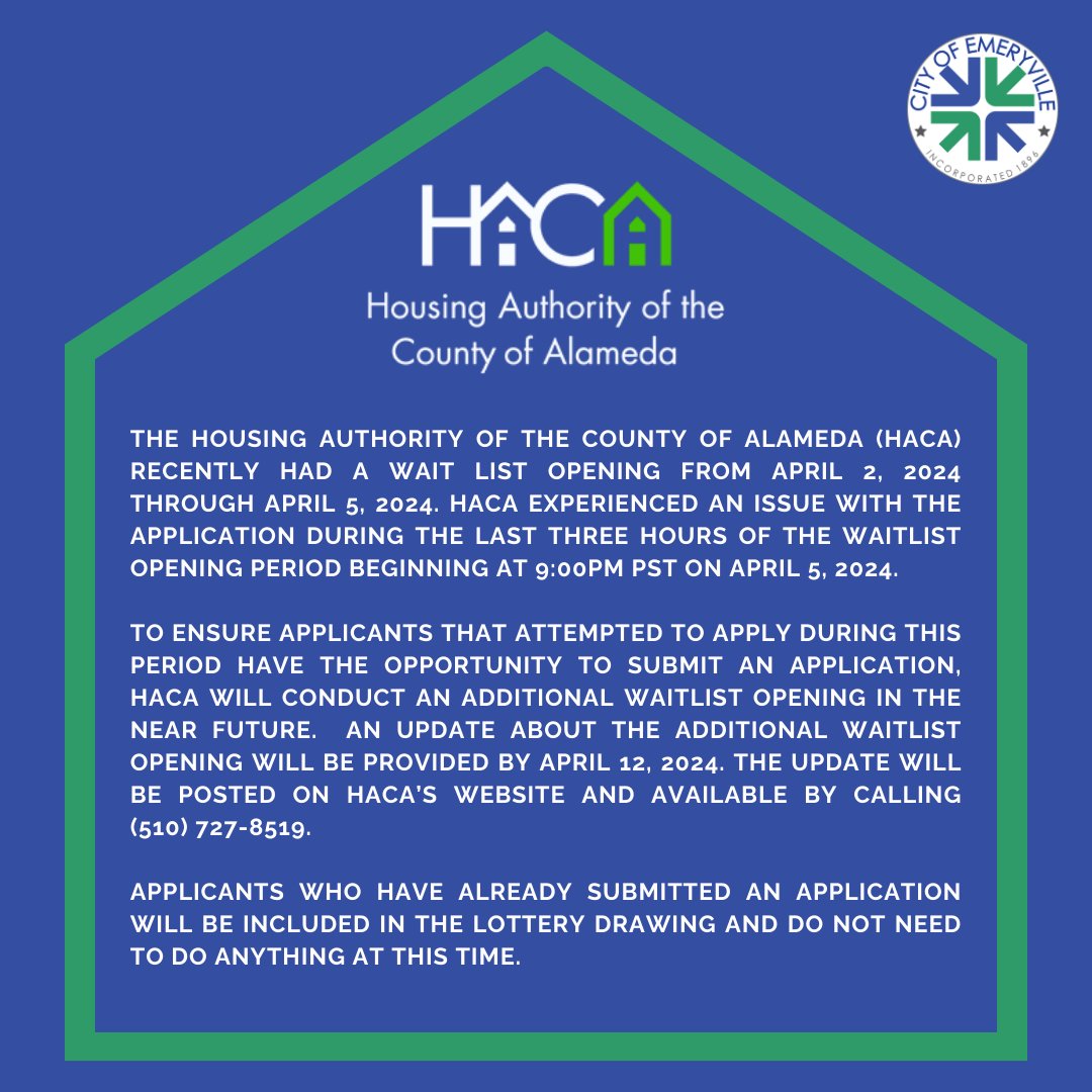 HACA had a waitlist opening from April 2 through April 5 and experienced an issue with the application during the last three hours of the waitlist opening period beginning at 9 PM. HACA will conduct an additional waitlist opening in the near future.