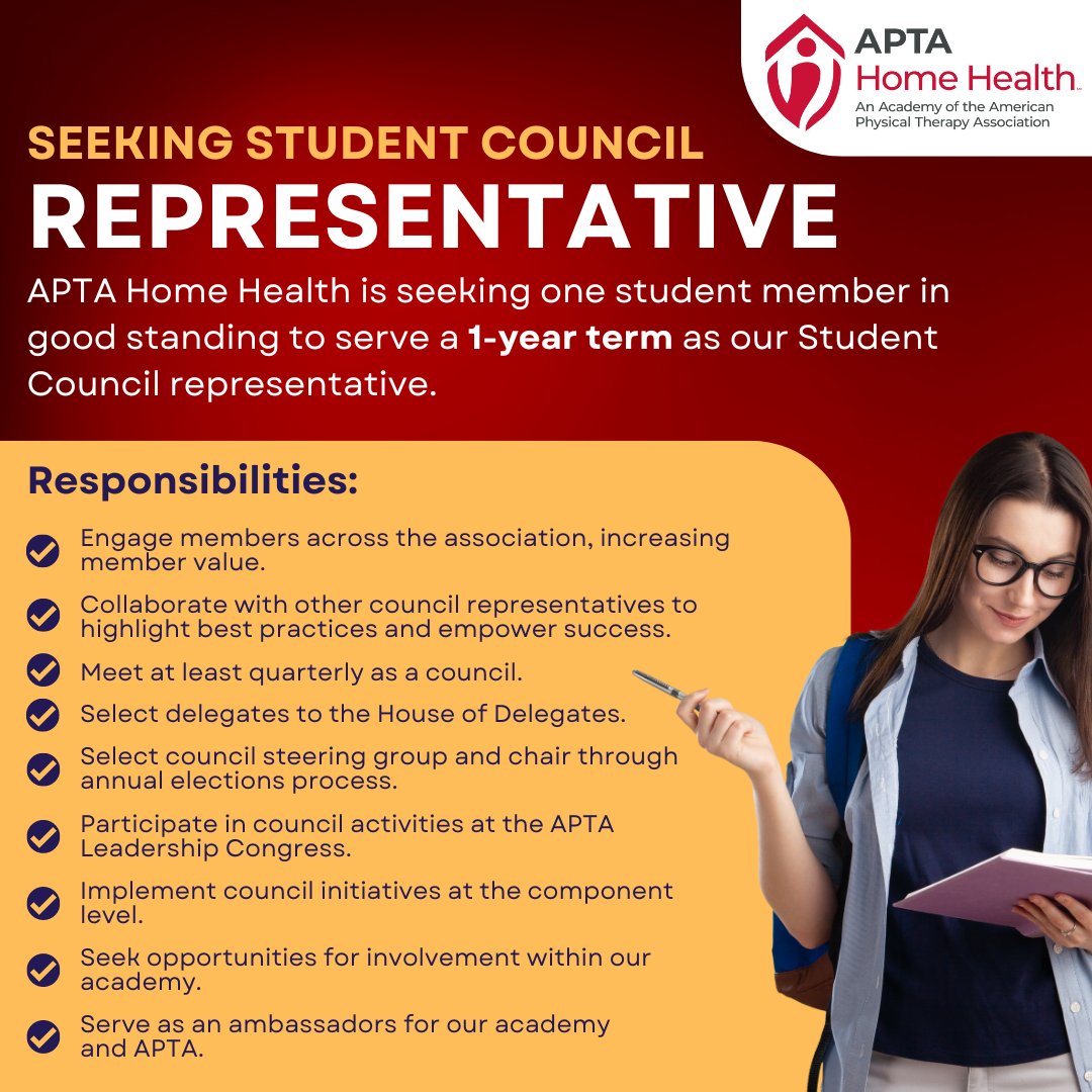 We're looking for a passionate student leader to represent our Academy and serve a 1-year term on the APTA Student Council! If you're eager to dive in and contribute, please send your resume/CV to pgoldpt@gmail.com.