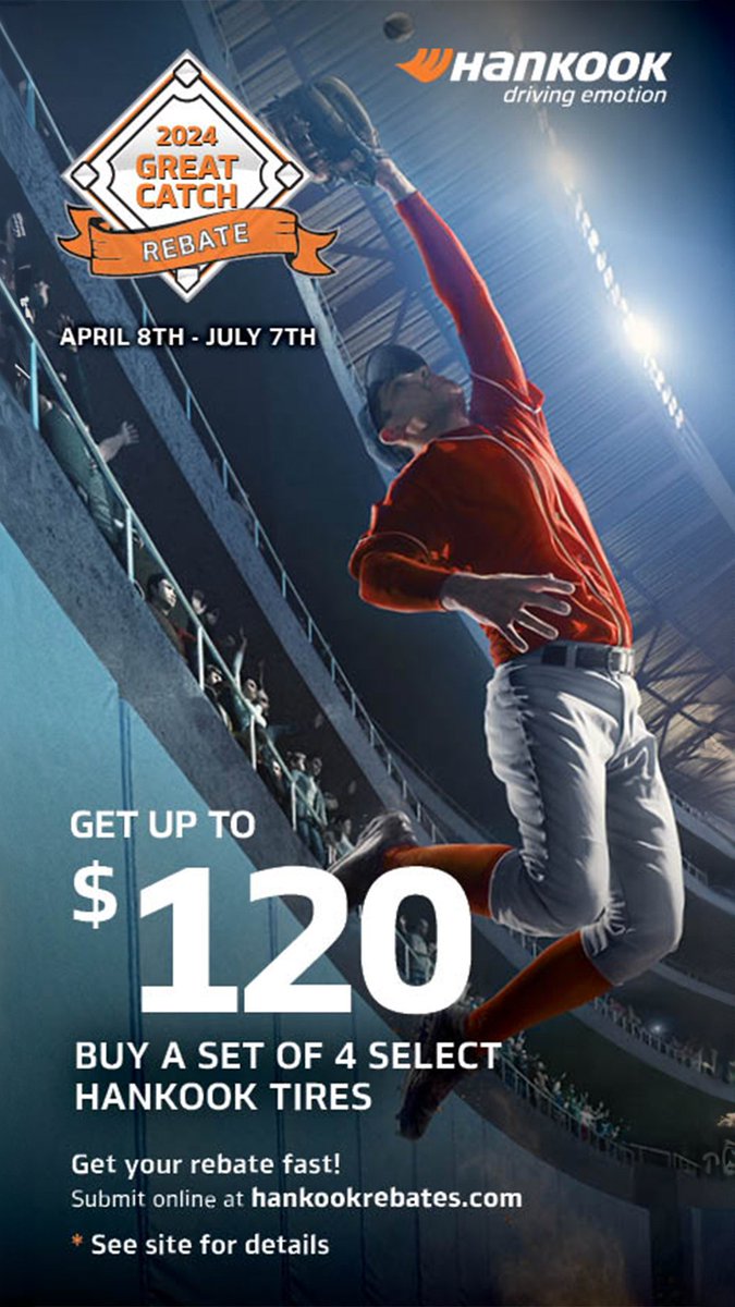 Catch the spring savings with our Great Catch Rebate. Get up to $120 when you buy a set of 4 select Hankook Tires. #HankookTire