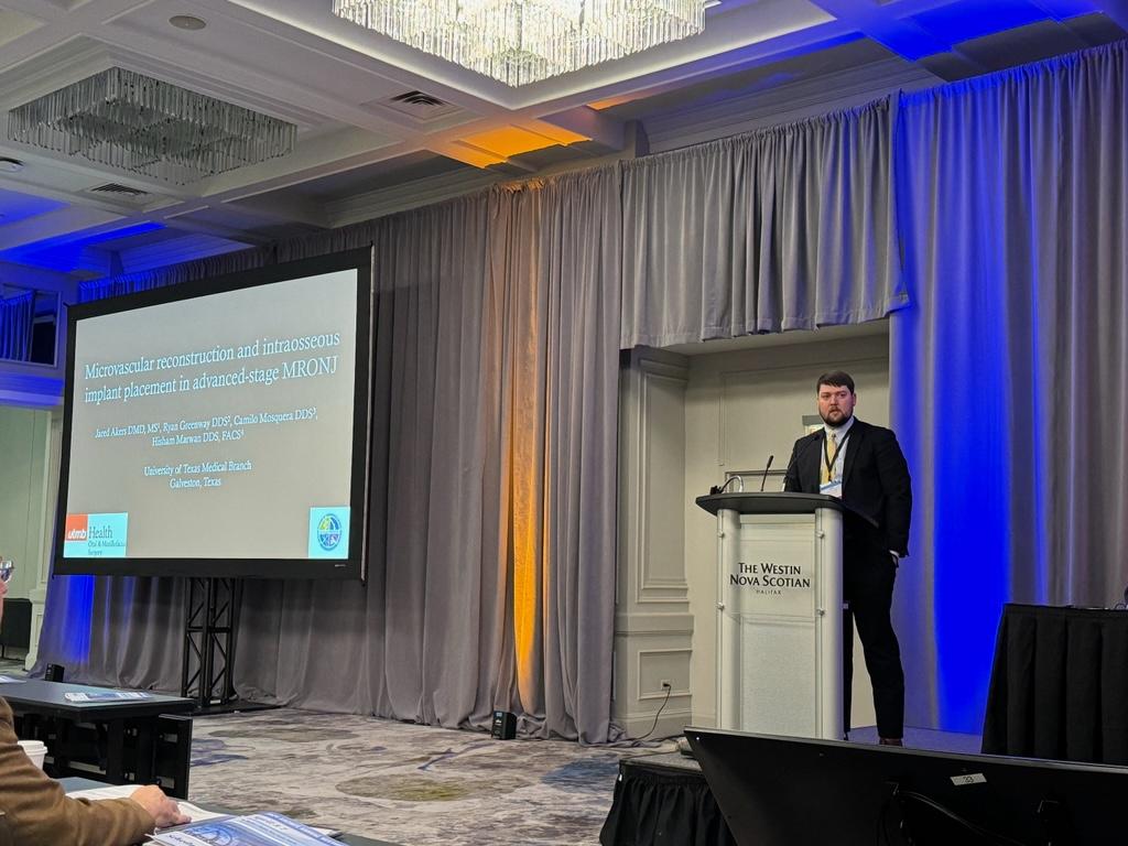 Proud of our resident, Dr. Jared Akers, for presenting at the American Academy of Cranio-Maxillofacial Surgeons #AACMF2024 in Nova Scotia, Canada. He discussed our results and presented our experience in microvascular jaw reconstruction in patients with osteonecrosis @UTMB_OMFS