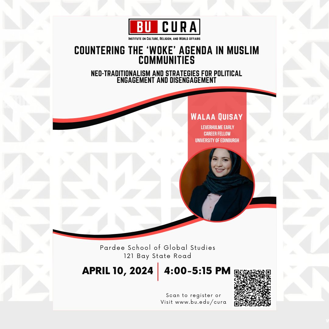Join us at our next event with Walaa Quisay, Leverhulme Early Career Fellow at the University of Edinburgh

Register here: ow.ly/g1ix50RaNyX

#CURA #CURAEvent #MuslimCommunities #PoliticalEngagement #IslamicStudies #MuslimScholars