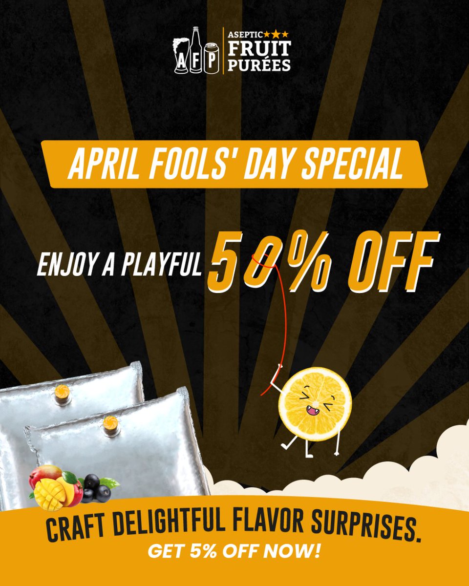 🤩🎈🎁 Celebrate April Fools’ Day with a twist - savor an enticing 5% OFF discount, ingeniously presented as 50%! 🎉🍹 Jump in now and kickstart the celebration! Click here: asepticfruitpurees.com/discount/APRIL…

#craftbeer #beerlover #beerme #beerpics #beerfluencer #beergasm #beerstagram