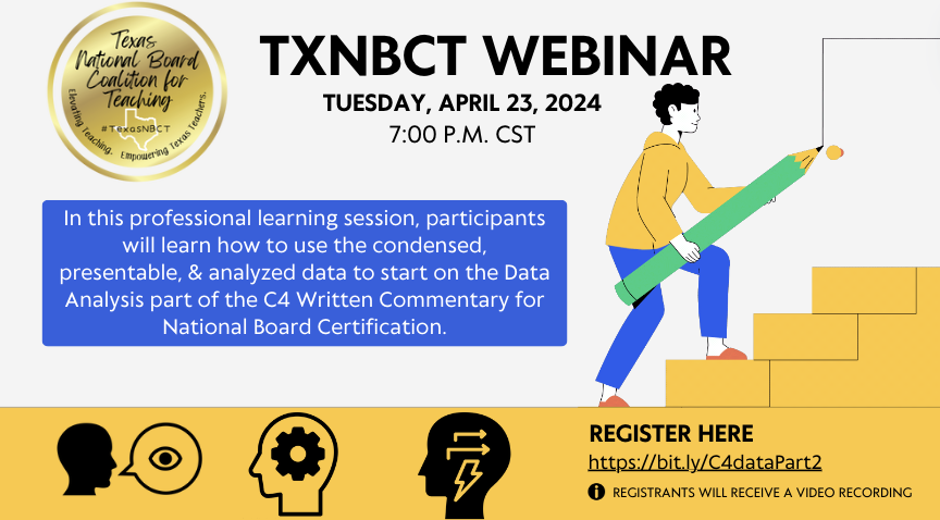 <a href="/NBPTS/">National Board</a>   Are you still grappling w/writing about your data for C4? Learn how to use condensed, presentable, &amp; analyzed data to start on the Data Analysis part of the C4 Written Commentary for National Board Certification. Sign up bit.ly/C4dataPart2