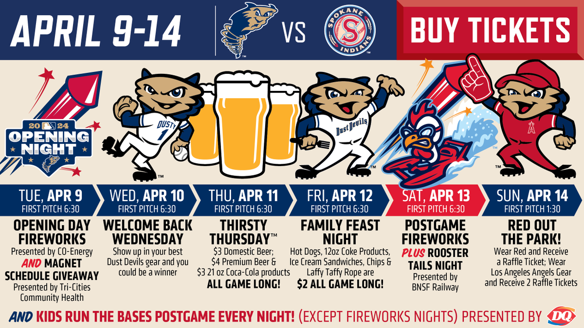 It's Opening Week here at Gesa Stadium! We have fireworks, giveaways, drink promotions and a whole lot more that you won't want to miss out on. Buy your tickets NOW! TICKETS HERE:milb.com/tri-city-dust-…