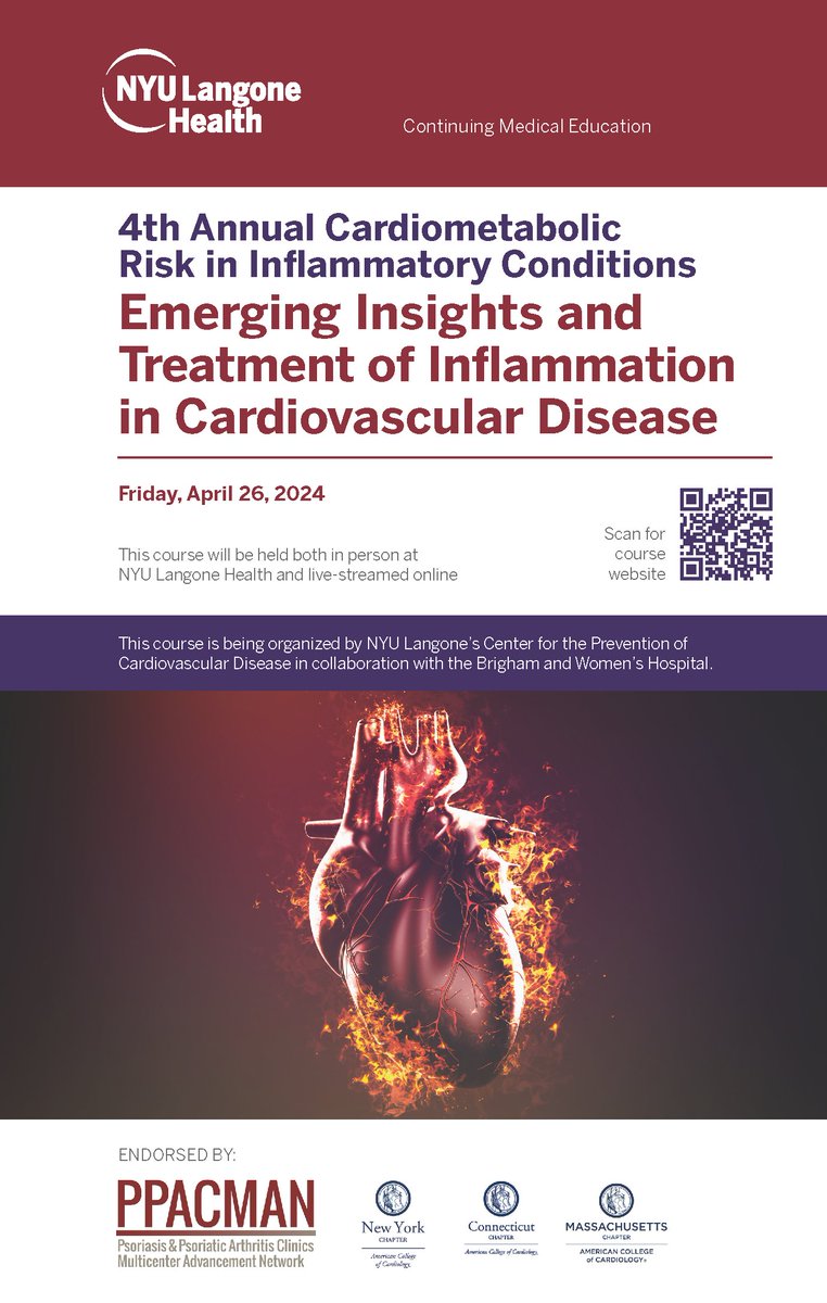 We are proud to endorse @NYUCVDPrevent's Event, '4th Annual Cardiometabolic Risk in Inflammatory Conditions: Emerging Insights and Treatment of Inflammation in Cardiovascular Disease,' later this month on 4/26. To register, please visit: highmarksce.com/nyumc/index.cf… #DermTwitter