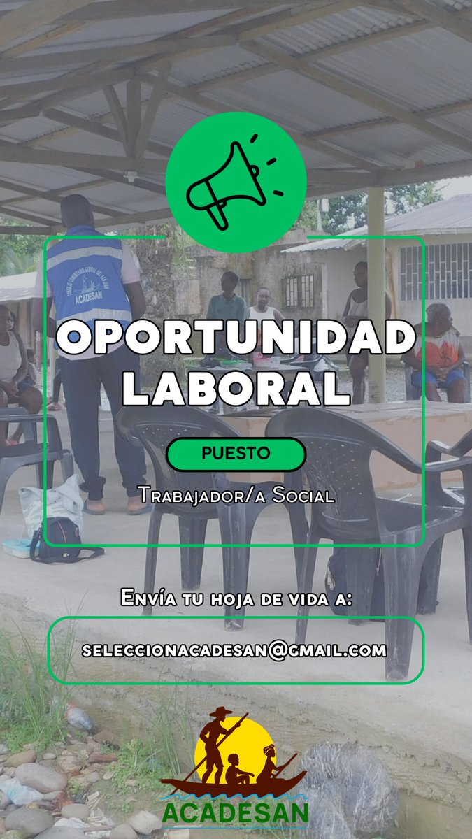 ⭐️Oportunidad Laboral ⭐️
💼Súmate al propósito colectivo “ACADESAN POR LA DEFENSA DE LA VIDA DIGNA, DEL TERRITORIO Y LOS DERECHOS ÉTNICOS.
🔎Buscamos Trabajador/a Social.
Revisa Tdr: acadesan.org/wp-content/upl…
Envía tu HV hasta el próximo viernes 12 de abril.
Construyamos esperanza