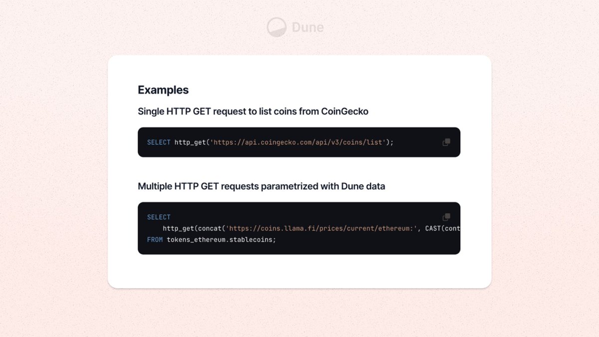 Dune's tweet image. 2/ Why the addition? 

You asked, and we listened. Our new #LiveFetch functions are all about enriching your analyses without leaving the SQL environment. 

🌍Get ready to pull data from ANY public or private APIs! 🛠️ #DuneData #DuneSQL #DuneWizards