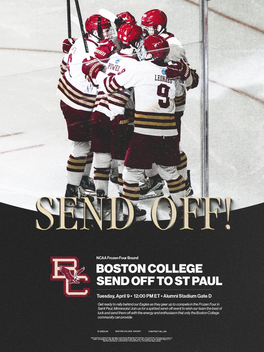 Wish our @BCEagles good luck as they travel to St. Paul for the #Frozen Four! 🦅 🗓️ Tuesday ⏰ 12 PM 📍 Alumni Stadium Gate D