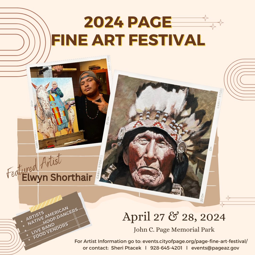 Please join us on April 27 &amp; 28 for the 3rd annual Page Fine Art Festival at John C. Page Memorial Park! Our featured artist is Elwyn Shorthair from the Navajo Nation. More information at events.cityofpage.org/page-fine-art-….