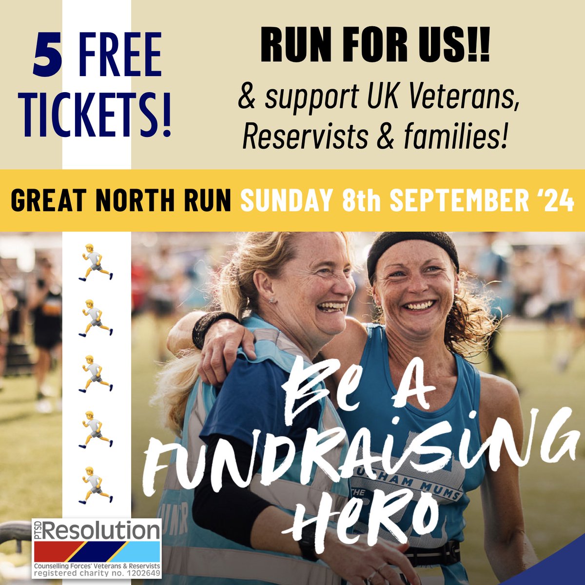 We have 5 FREE tickets available for the Great North Run this Sept! 🏃🏃🏃🏃🏃 Would you like to run for #PTSDResolution - & raise much-needed funds for #UKVeterans, Reservists & families? Or do you know somebody who might be interested? Please share! 🙏 #Fundraising #PTSD